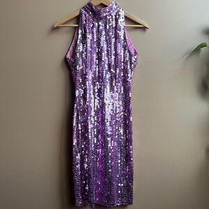 90's/Y2K Vintage CACHE Women's Pink Sequin Mini Halter Neck Glam Dress